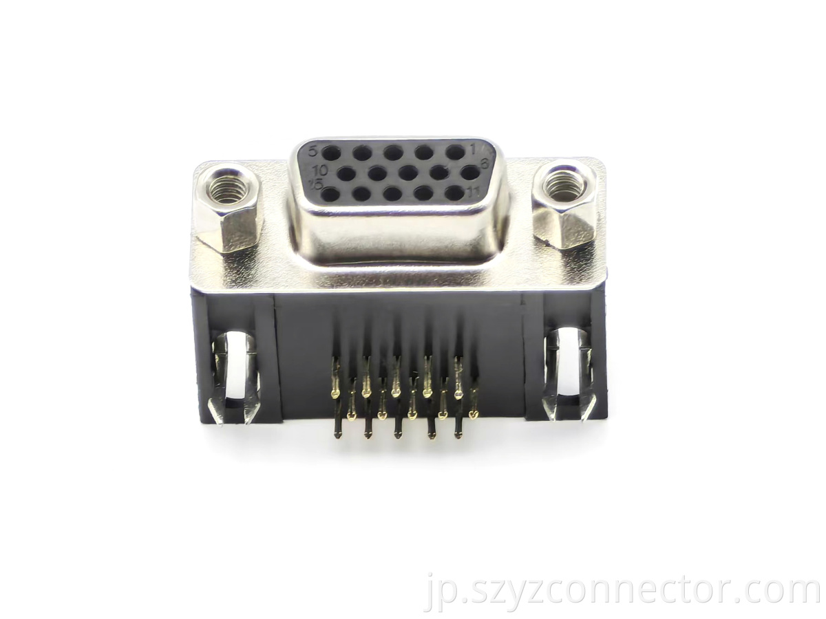 D-Sub コネクタ: メス 3 列 8.89 mm 選択金メッキ リベット留め黒色プラスチック RoHS 準拠 15P D-Sub Connector: Female 3-Row 8.89mm Selective Gold Plating Riveted Black Plastic RoHS Compliant 15P